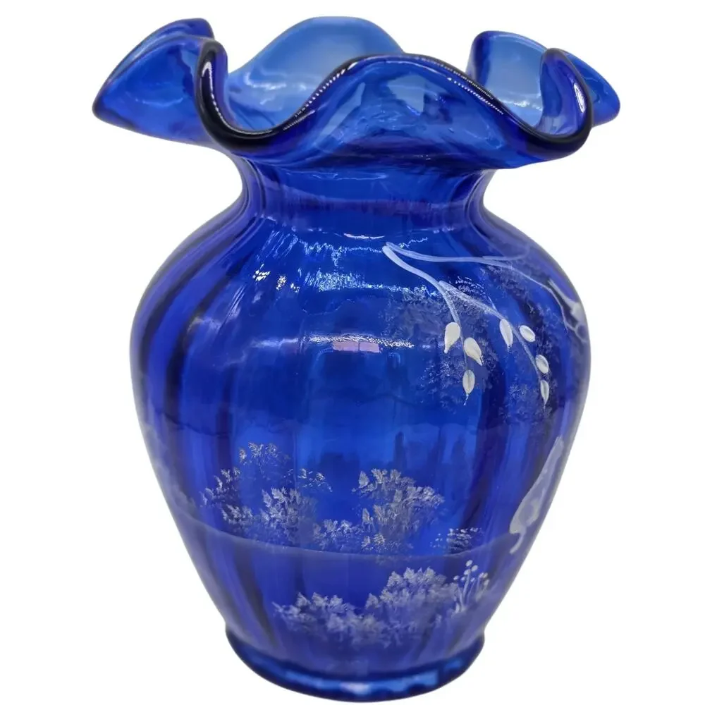 Fenton Blue Mary Gregory Art Glass Vase Hand Painted Signed Sue Jackson